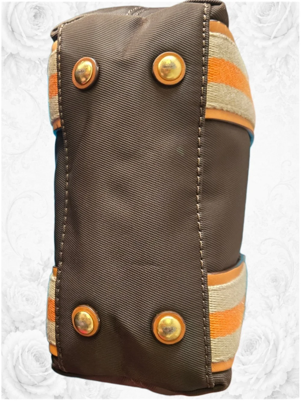 Michael Kors Brown Canvas Small Tote with Tan Leather and Orange Stripe Accents - Picture 5 of 6